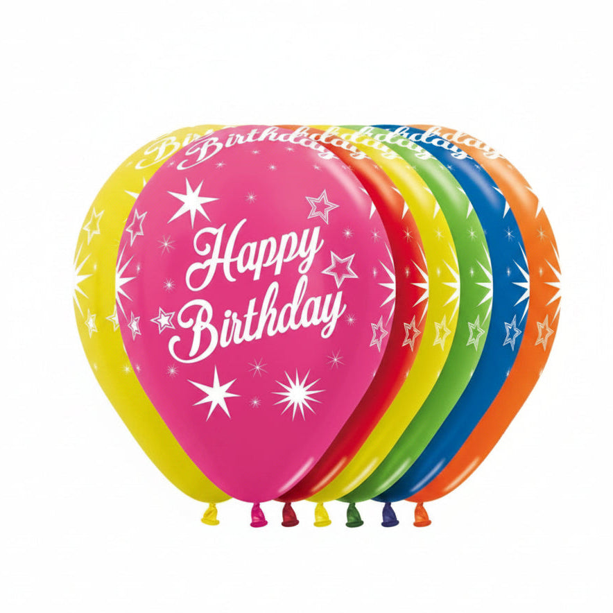 Colorful birthday balloons with 'Happy Birthday' text on a white background