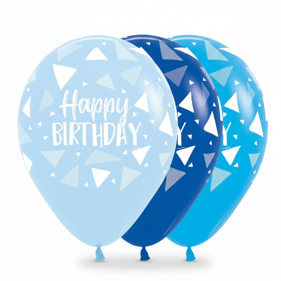 Two blue balloons with geometric patterns and 'Happy Birthday' text on a white background