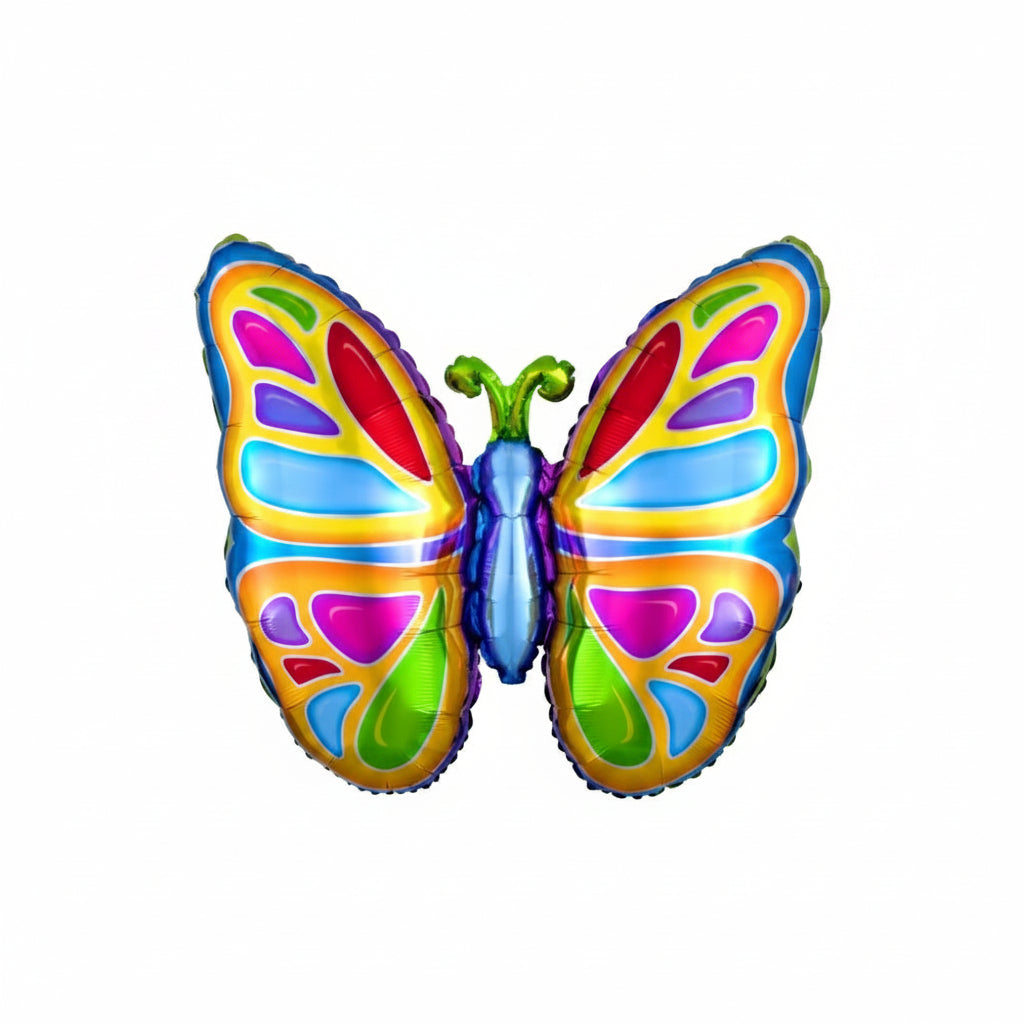 Colorful butterfly-shaped balloon with vibrant colors on a white background