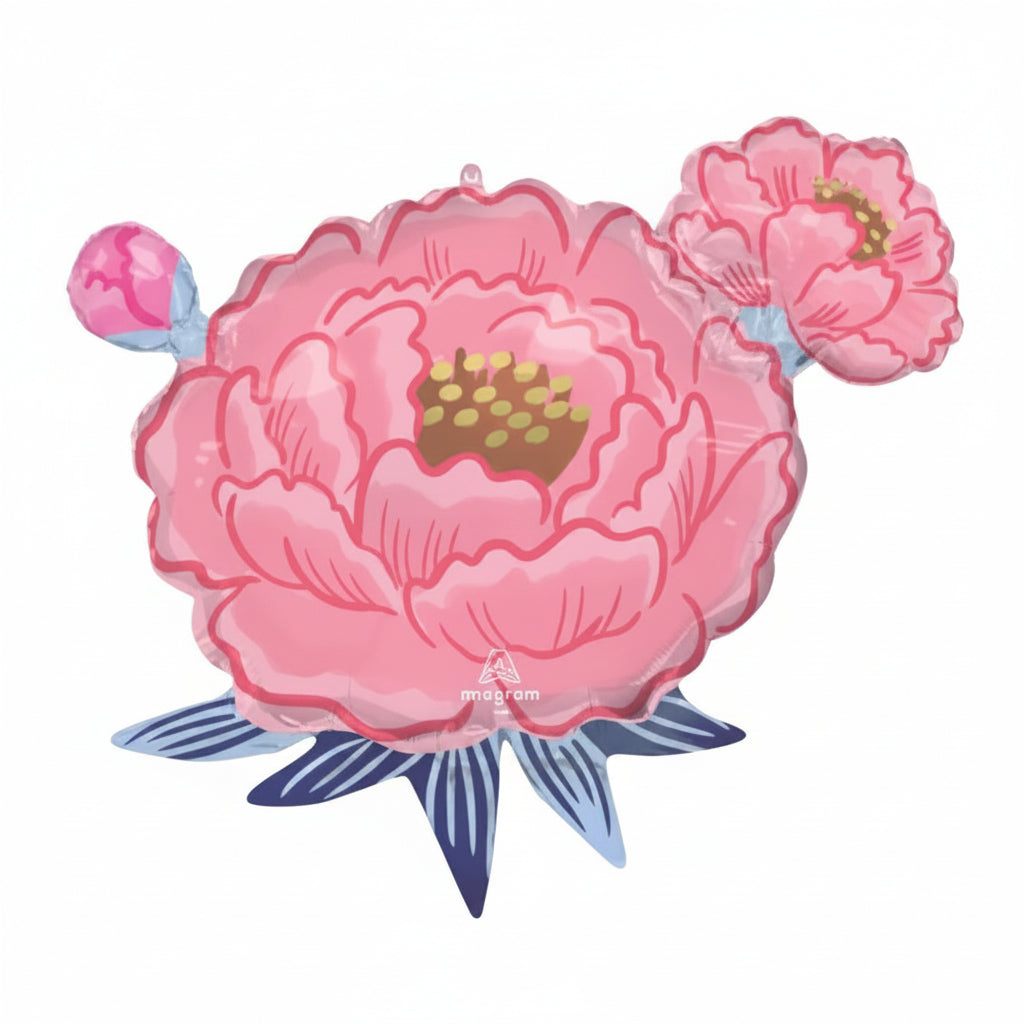 Pink flower-shaped balloon with blue accents on a white background