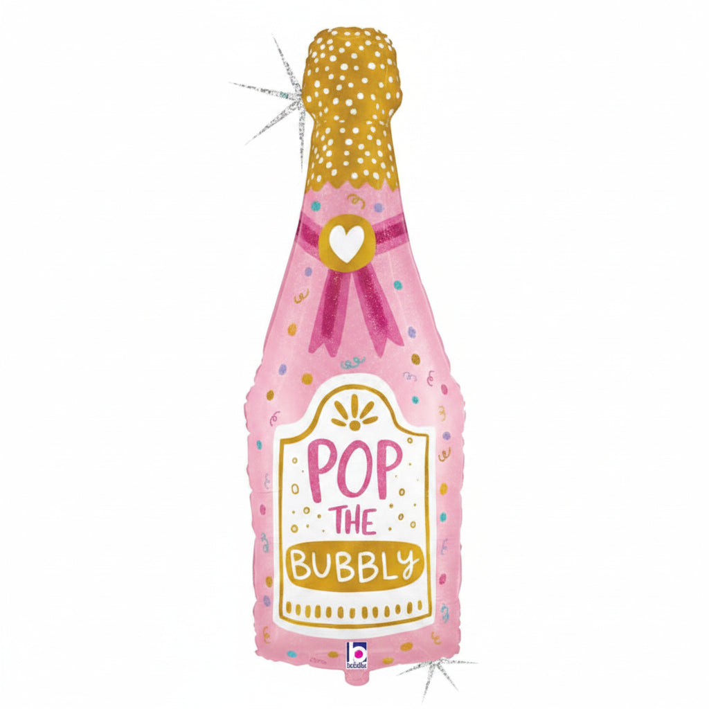 A foil balloon designed to look like a pink champagne bottle with the phrase 'POP THE BUBBLY' written on it.