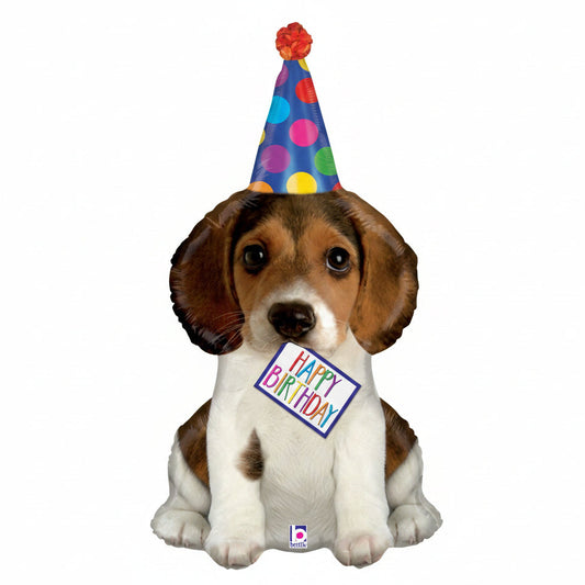 Dog balloon with a birthday hat and 'Happy Birthday' sign on a white background