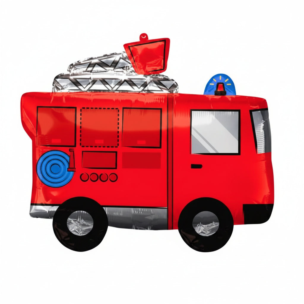 A red fire truck toy or decoration with black wheels, silver ladder details, and blue accents, shown against a plain white background.