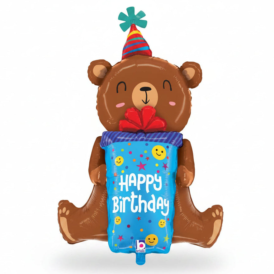Balloon shaped like a bear holding a 'Happy Birthday' gift box with a party hat on a white background