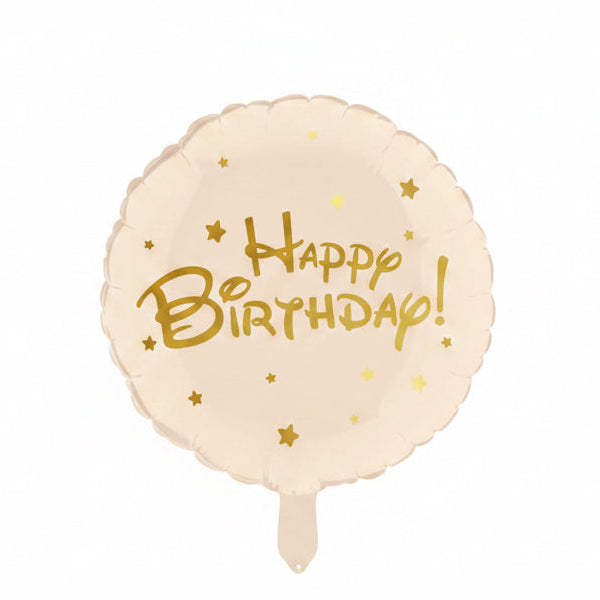 Beige balloon with 'Happy Birthday!' in gold letters on a white background