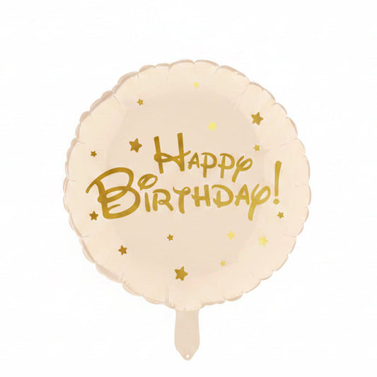 Beige balloon with 'Happy Birthday!' in gold letters on a white background