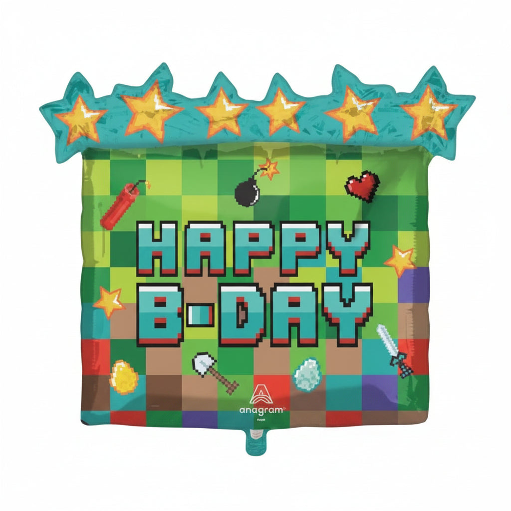Colorful birthday balloon with pixelated design and 'Happy B-Day' text.