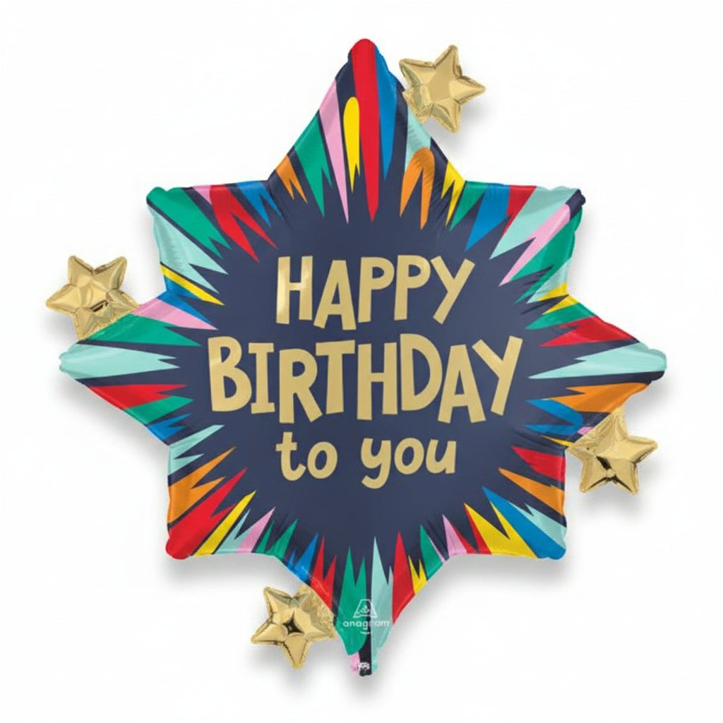 Colorful star-shaped balloon with 'Happy Birthday to you' text on a white background