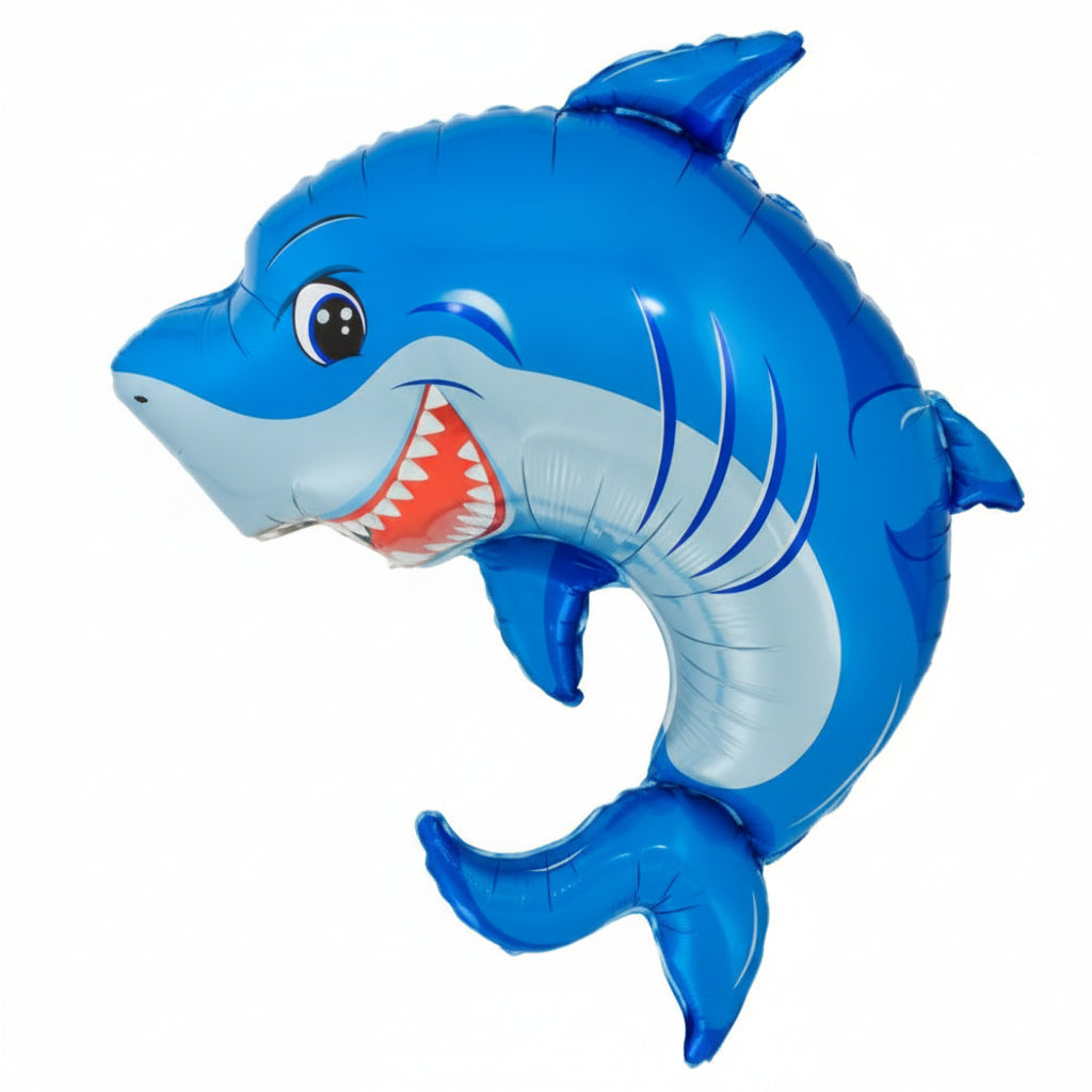 Blue shark-shaped balloon on a white background