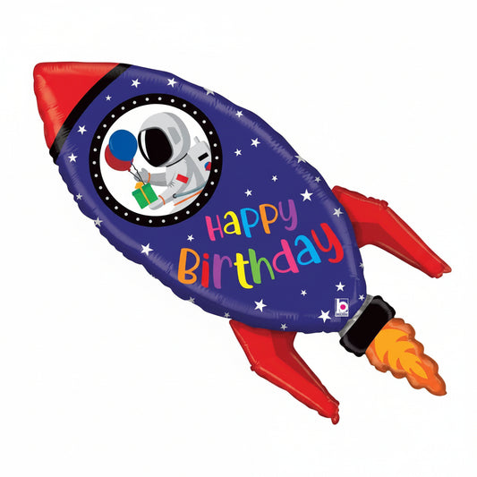 Rocket-shaped birthday balloon with astronaut and 'Happy Birthday' text on a white background
