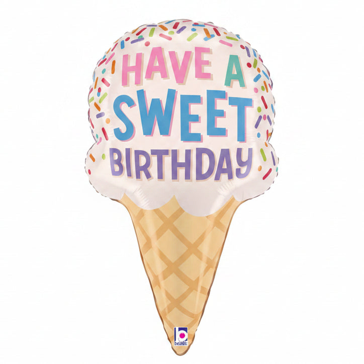 Balloon shaped like an ice cream cone with 'Have a Sweet Birthday' text on a white background