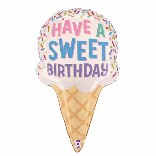 Balloon shaped like an ice cream cone with 'Have a Sweet Birthday' text on a white background