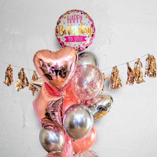 Birthday Balloons Bouquet, confetti balloons, heart balloons.
